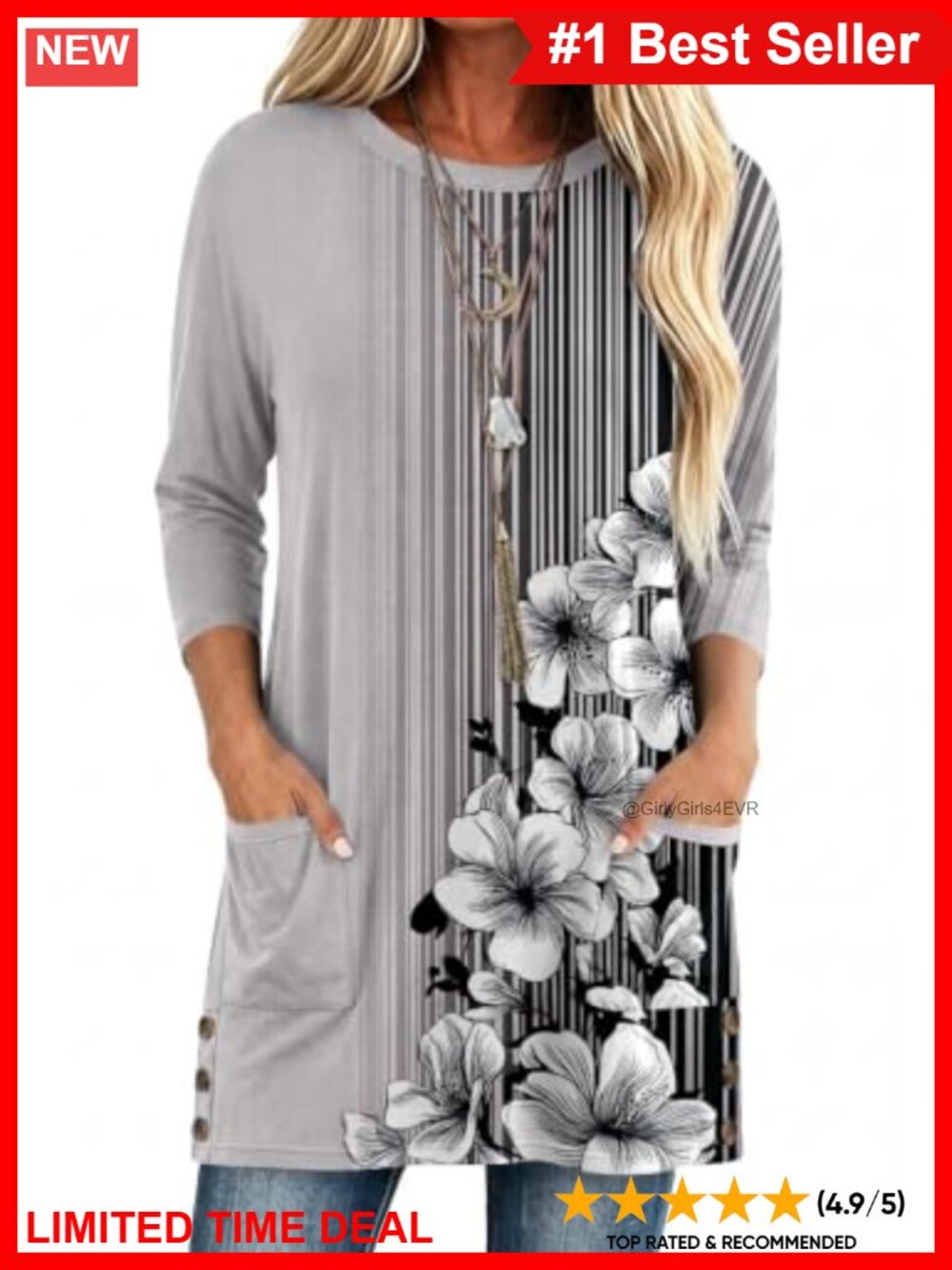 Womens V Neck 3/4 Sleeve Tunic Top Loose Fit Pullover Shirt